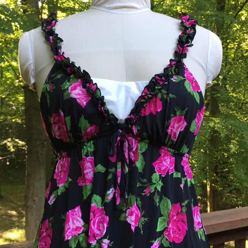 Fuchsia Rose Garden Black Slip Dress Sleepwear